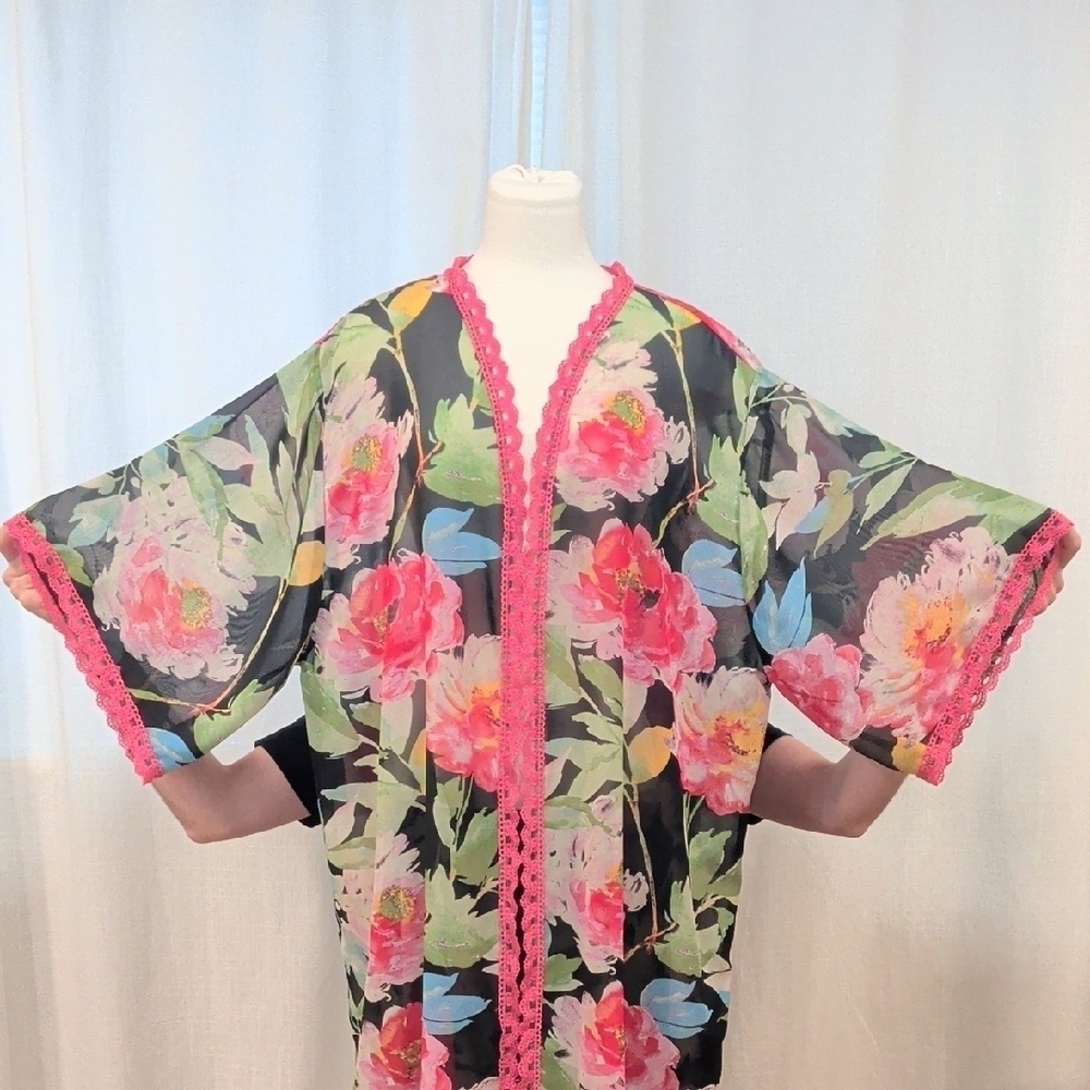 NWOT Sheer Floral Kimono -Pink Lace Trim- Swim Coverup XL - Picture 5 of 7